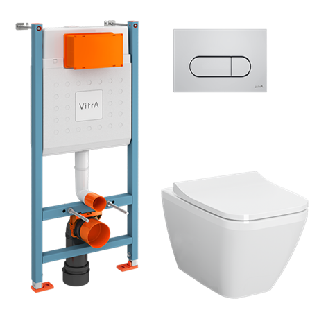 9856B003-7207 Комплект: Integra Square подвесной Безободковый унитаз + тонкое сиденье МЛ/БС+ инсталляция + панель смыва хром глянец - копия 44697