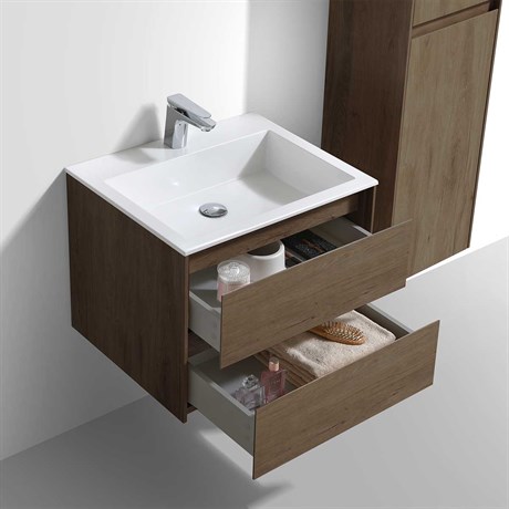 Тумба Luka 600 подвесная, 2 выкатных ящика soft-close, T.Oak + Раковина черная, кварц, VCB-13600B VMC-2L600TO + VCB-13600B - фото 49914