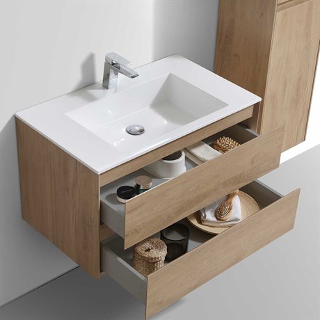 Тумба Luka 800 подвесная, 2 выкатных ящика soft-close, N.Oak + Раковина черная, кварц, VCB-13800B VMC-2L800NO + VCB-13800B - фото 49965