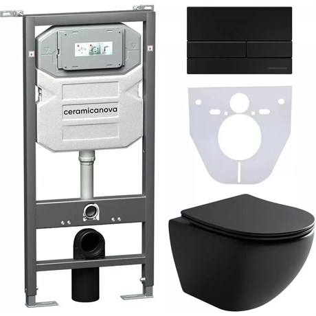 Сет 4 в 1: Подвесной унитаз Metropol Rimless арт. CN4002MB + Шумоизоляционная панель для инсталляции арт. CN1000 + Система инсталляции для унитазов CERAMICANOVA Envision с кнопкой смыва Flat цвет черный матовый, креплениями, арт. CN1002B CN4002MB_1002B_1000 - фото 76177
