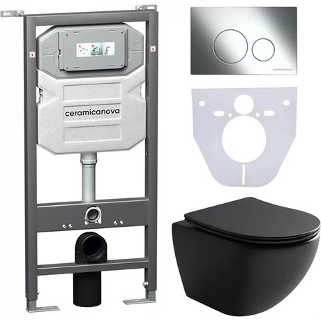 Сет 4 в 1: Подвесной унитаз Metropol Rimless арт. CN4002MB + Шумоизоляционная панель для инсталляции арт. CN1000 + Система инсталляции для унитазов CERAMICANOVA Envision с кнопкой смыва Round цвет хром и креплениями, арт. CN1001CH CN4002MB_1001CH_1000 - фото 76190