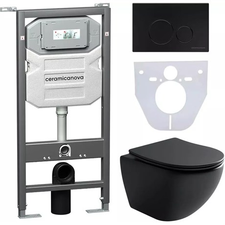 Сет 4 в 1: Подвесной унитаз Metropol Rimless арт. CN4002MB + Шумоизоляционная панель для инсталляции арт. CN1000 + Система инсталляции для унитазов CERAMICANOVA Envision с кнопкой смыва Round цвет черный матовый и креплениями, арт. CN1001B CN4002MB_1001B_1000 - фото 76211
