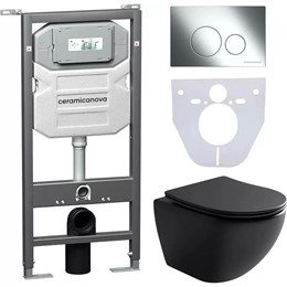 Сет 4 в 1: Подвесной унитаз Metropol Rimless арт. CN4002MB + Шумоизоляционная панель для инсталляции арт. CN1000 + Система инсталляции для унитазов CERAMICANOVA Envision с кнопкой смыва Round цвет хром и креплениями, арт. CN1001CH CN4002MB_1001CH_1000