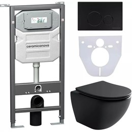 Сет 4 в 1: Подвесной унитаз Metropol Rimless арт. CN4002MB + Шумоизоляционная панель для инсталляции арт. CN1000 + Система инсталляции для унитазов CERAMICANOVA Envision с кнопкой смыва Round цвет черный матовый и креплениями, арт. CN1001B CN4002MB_1001B_1000